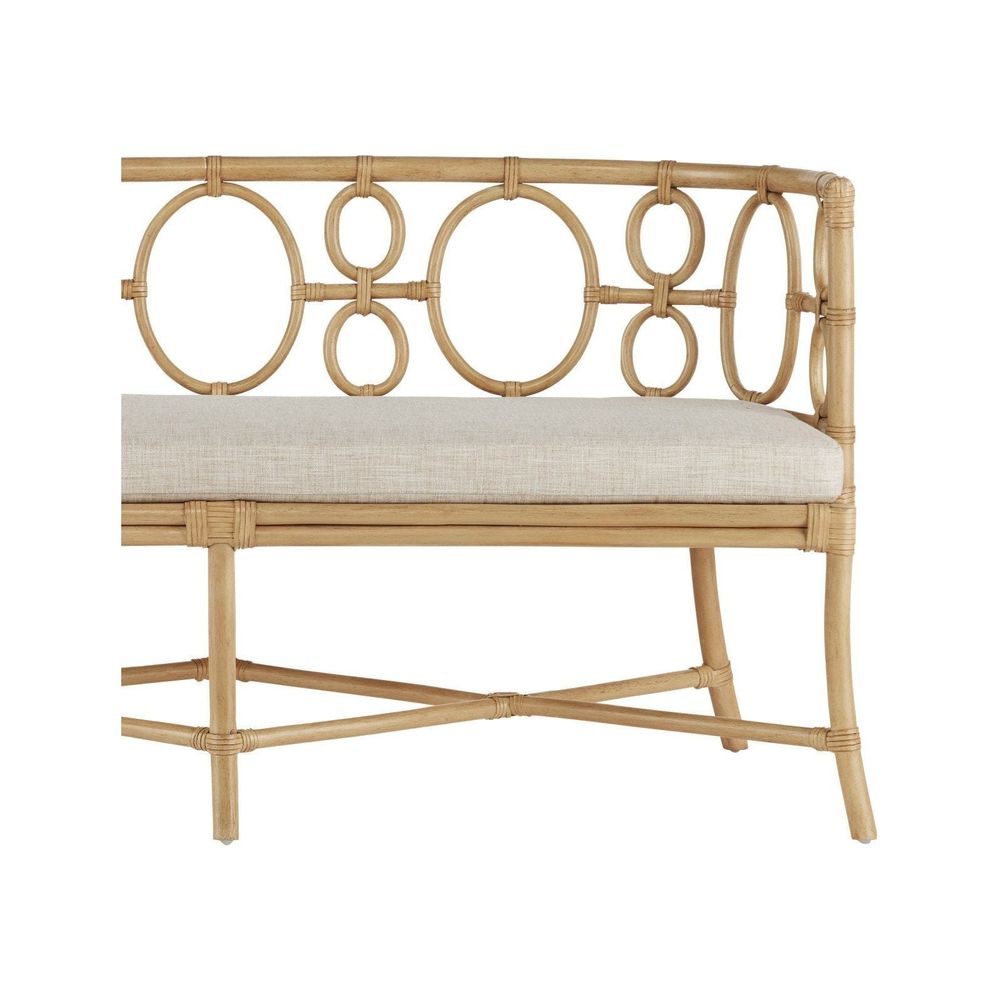 Alternate view of Tegal Natural Bench, Finn Natural, featuring sea sand finish, rattan, fabric, and fixed curved arms.