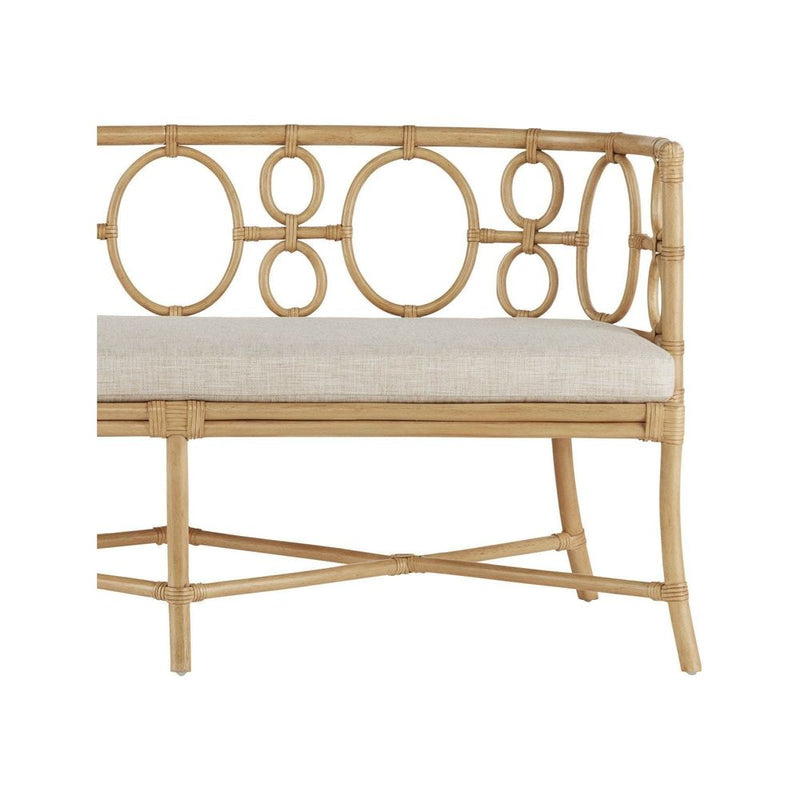 Alternate view of Tegal Natural Bench, Finn Natural, featuring sea sand finish, rattan, fabric, and fixed curved arms.