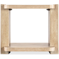 Retreat End Table, shown in light natural wood and beige with wood and open lower shelf storage.