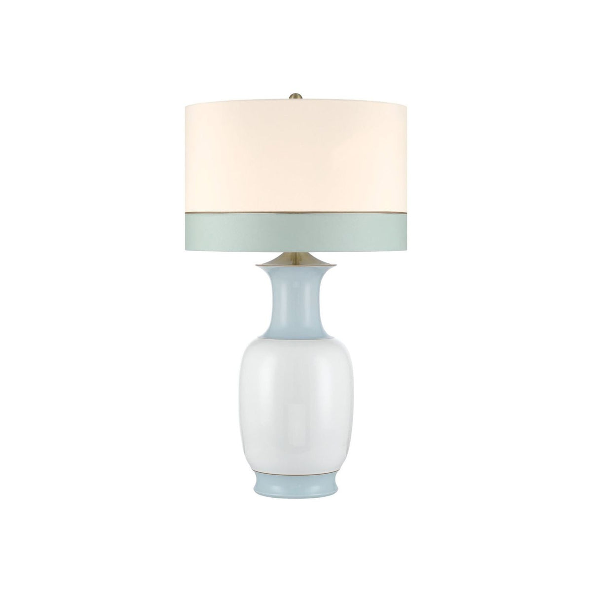 Kora Large Blue Table Lamp, shown in white and pale blue with porcelain, fabric, and a freestanding table lamp base.
