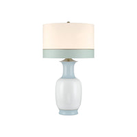 Kora Large Blue Table Lamp, shown in white and pale blue with porcelain, fabric, and a freestanding table lamp base.