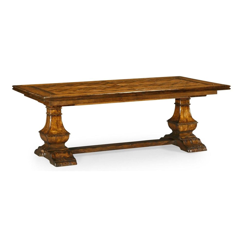Casual Extending Dining Table, shown in medium brown and warm amber wood with wood and wood veneer.