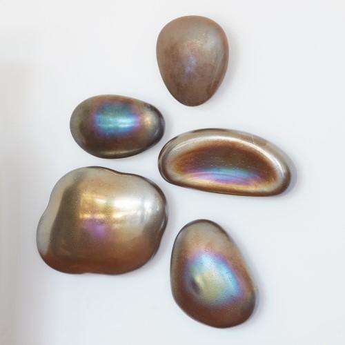 S/5 Glass Wall Gems, shown in iridescent blue and bronze with glass and wall-mounting hardware.