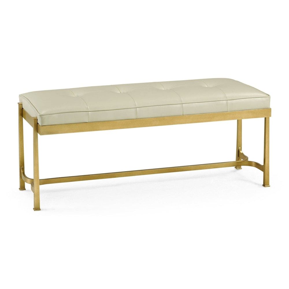 Iron & Cream Leather Bench, shown in cream and antique gold with leather, iron, and a backless seat.