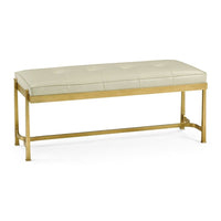 Iron & Cream Leather Bench, shown in cream and antique gold with leather, iron, and a backless seat.