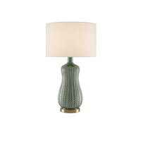 Mamora Green Table Lamp, shown in sage green and cream with ceramic, fabric, and a table lamp base.