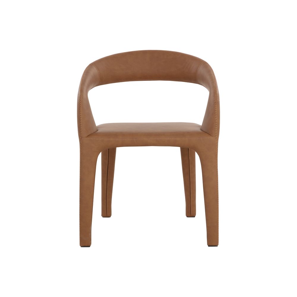 Atika Dining Armchair, shown in camel tan and cognac brown with vegan leather, upholstery, and fixed integrated arms.