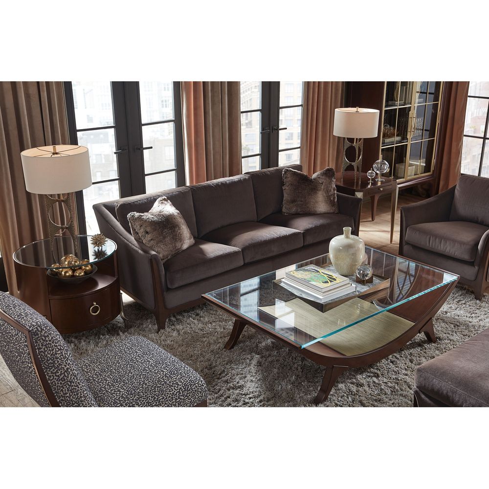 Alternate view of SoPower Headrestia Sofa, featuring soft pile fur, velvet upholstery, wood, and fixed upholstered arms.