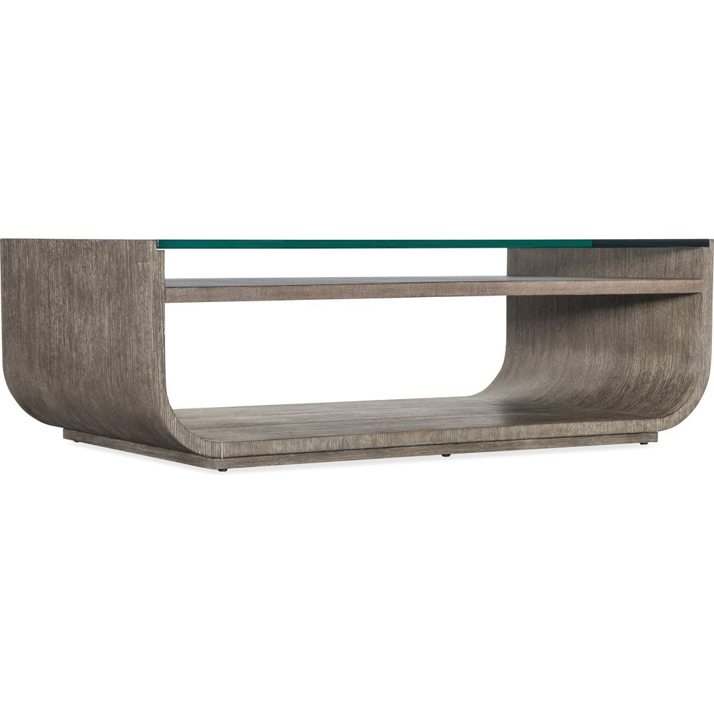 Additional view of Modern Mood Rectangle Cocktail Table, featuring wire-brushed finish, wood, glass, and a glass top surface.
