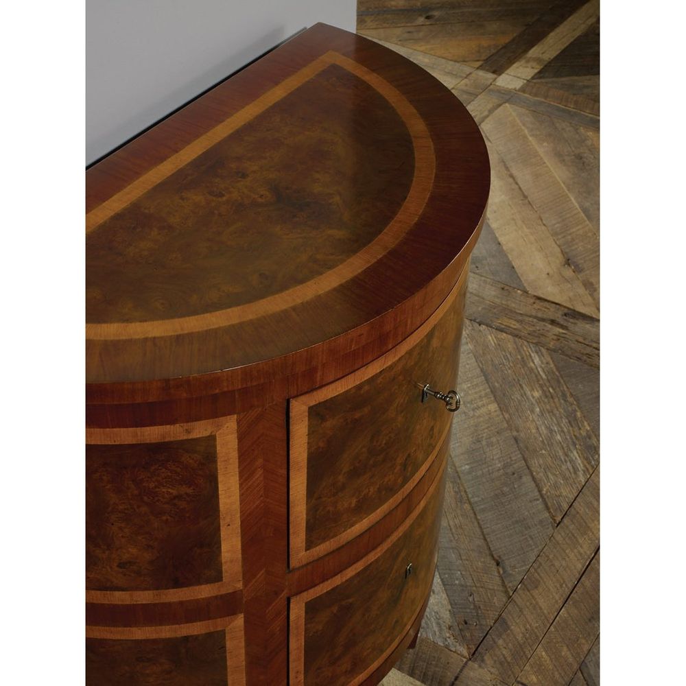 Alternate view of Covington Demilune Two Drawer in warm walnut brown and amber burl.