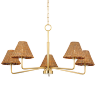 Issa 5 Light Chandelier, shown in warm natural rattan brown and brushed brass gold with rattan and metal.