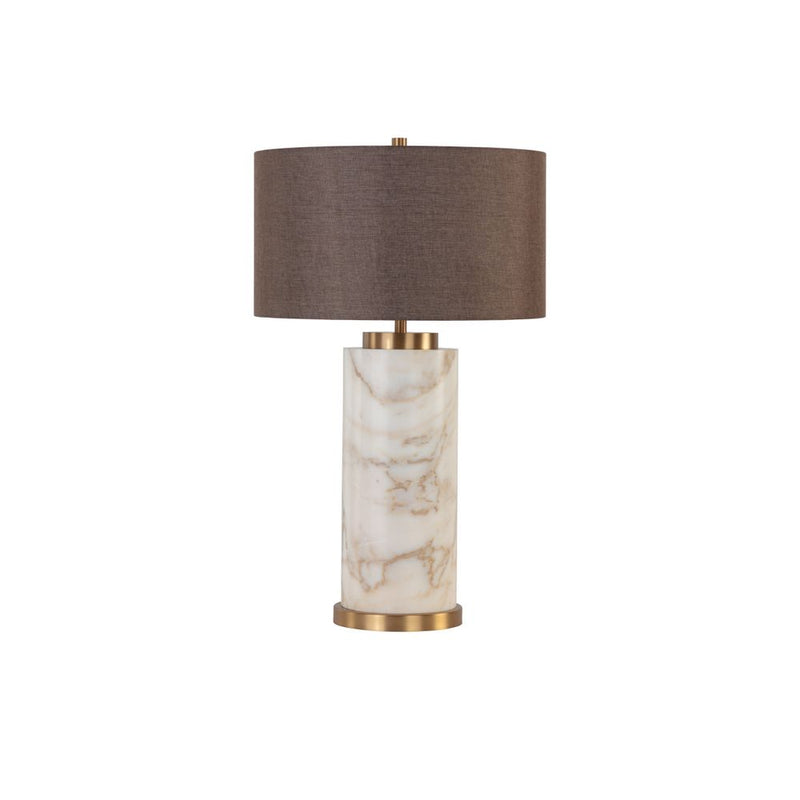 Apollolina Marble Table Lamp, shown in cream white and warm taupe brown with marble and fabric.