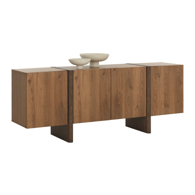 Alternate view of Ewan Sideboard, featuring two-tone stain, oak wood, oak veneer, and integrated multi-door cabinet storage.