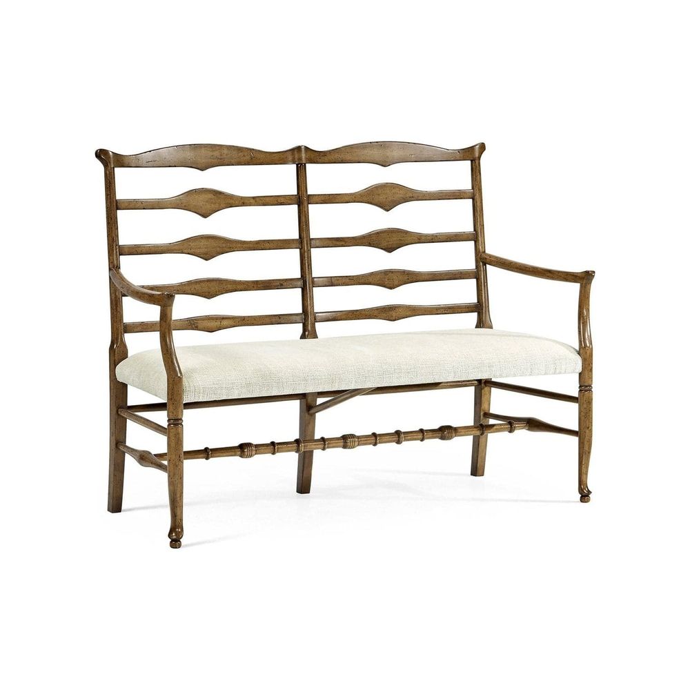 Alternate view of Casual Ladderback Bench, featuring distressed, wood, fabric, and fixed arms.