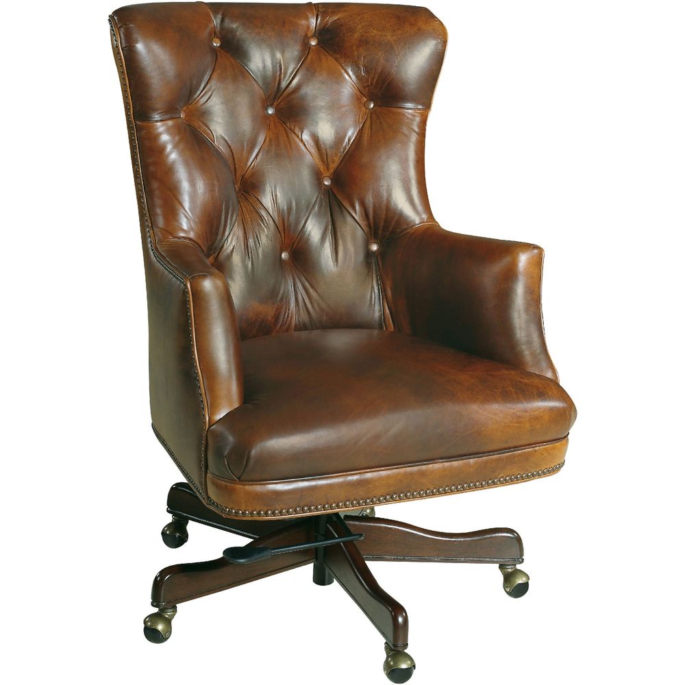 Bradley Executive Swivel Tilt Chair, shown in medium brown and cognac brown with leather, wood, and a swivel base.