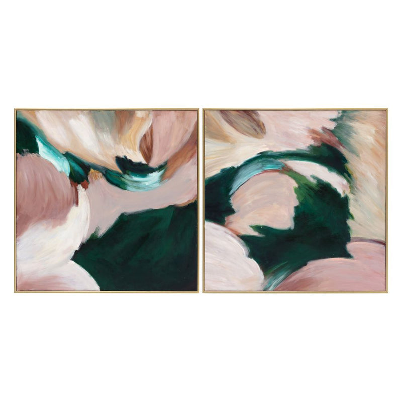 Wild Ones (Set Of 2), shown in blush pink and deep emerald green with canvas, wood frame, and diptych set of two panels.