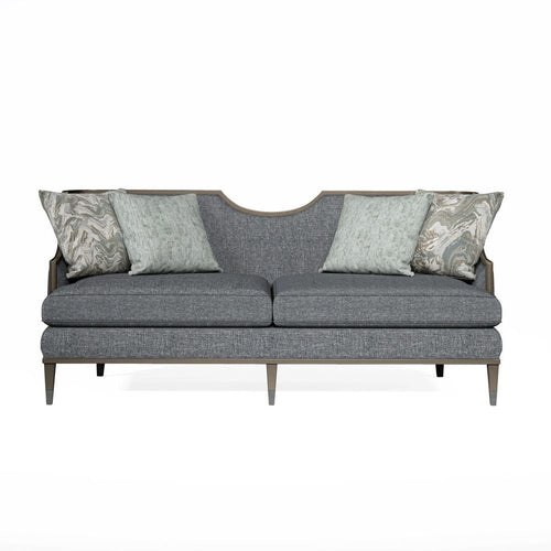Harper Mica Sofa, shown in slate blue and blue-gray with upholstery fabric, wood, and fixed wood-trimmed arms.