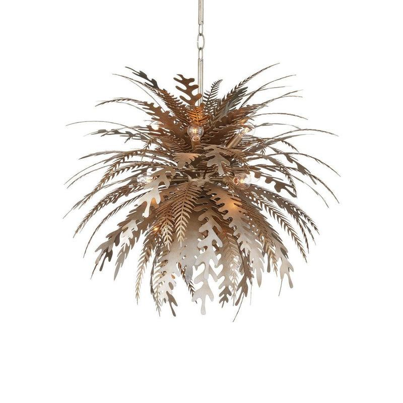 Abyssinia Chandelier, shown in warm silver and champagne gold with wrought iron, metal, and chain-hung ceiling suspension.