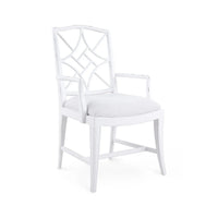 Evelyn Occasional Chair, shown in white with mahogany, linen, and fixed arms.