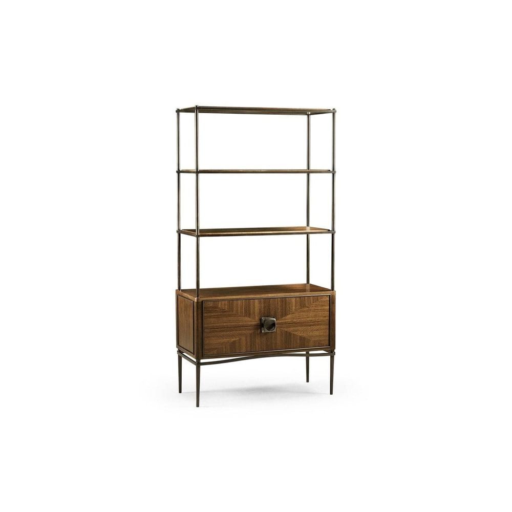 Toulouse Étagère, shown in walnut brown and dark bronze with wood veneer, metal, and four open display shelves.