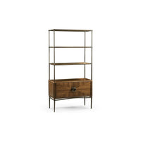 Toulouse Étagère, shown in walnut brown and dark bronze with wood veneer, metal, and four open display shelves.