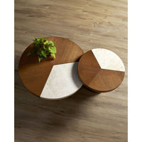 Additional view of Dakota Large Cocktail Table, featuring fluted finish, wood, stone, and fixed cylindrical pedestal base.