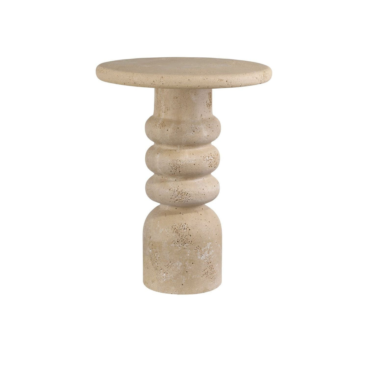 Rocco Accent Table, shown in beige and warm taupe with faux travertine and stone composite.