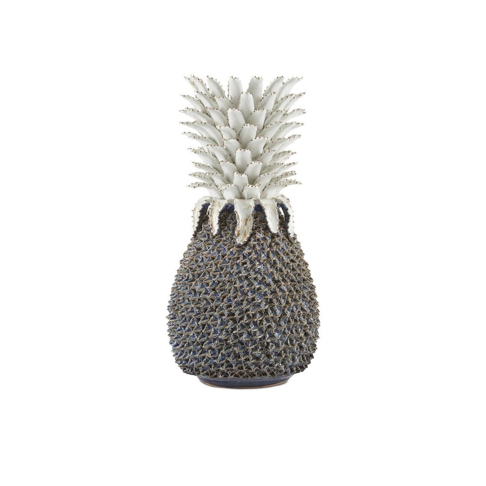 Waikiki Large Blue Pineapple, shown in blue and white with stoneware ceramic and freestanding sculptural form.