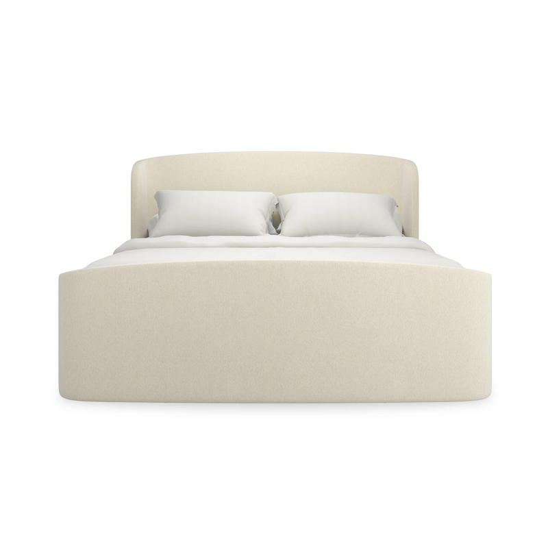Soft Embrace Bed, shown in ivory and cream with upholstery fabric, textile, and a fully upholstered frame.