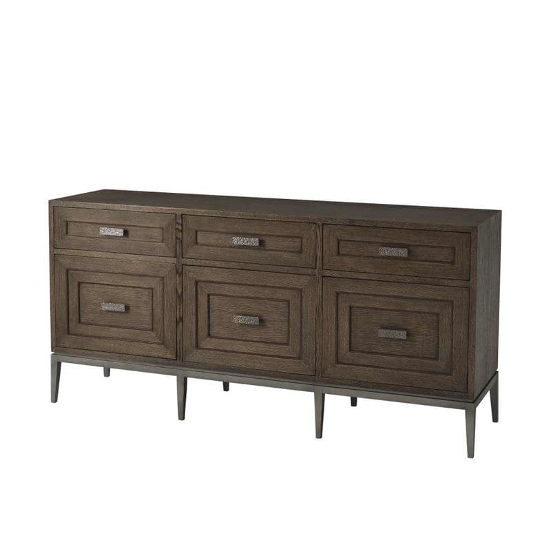 Giacomo Sideboard, shown in dark brown and charcoal with wood, metal, and integrated storage.