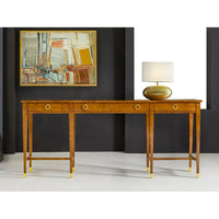 Alternate view of Clancy Console, featuring high-gloss lacquer, burl wood, brass, and three integrated drawers.