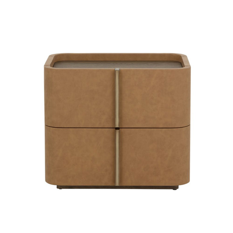 Jamille Nightstand, shown in cognac and warm tan with faux leather, metal, and two stacked drawers.