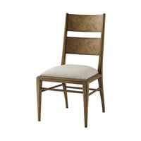 Nova Dining Side Chair V, shown in medium brown wood and warm taupe oak with oak wood and fabric upholstery.