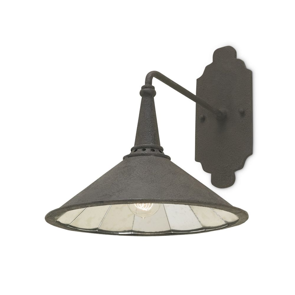 Manuscript Black Wall Sconce, shown in weathered gray and charcoal with metal, mirrored glass, and a wall-mounting backplate.