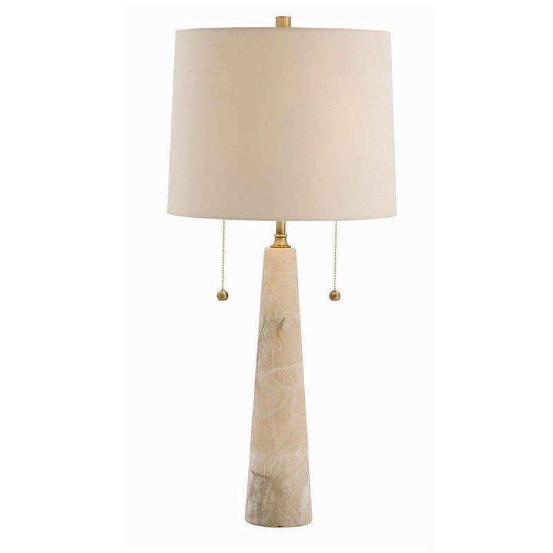 Gemma Lamp, shown in cream and beige with alabaster, brass, and dual decorative pull-chain switches.