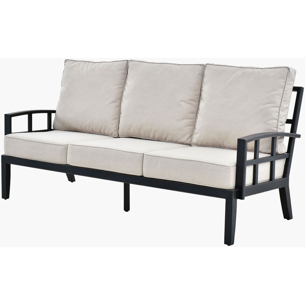 Fairborn Sofa, shown in black and beige with metal, fabric, and fixed arms.