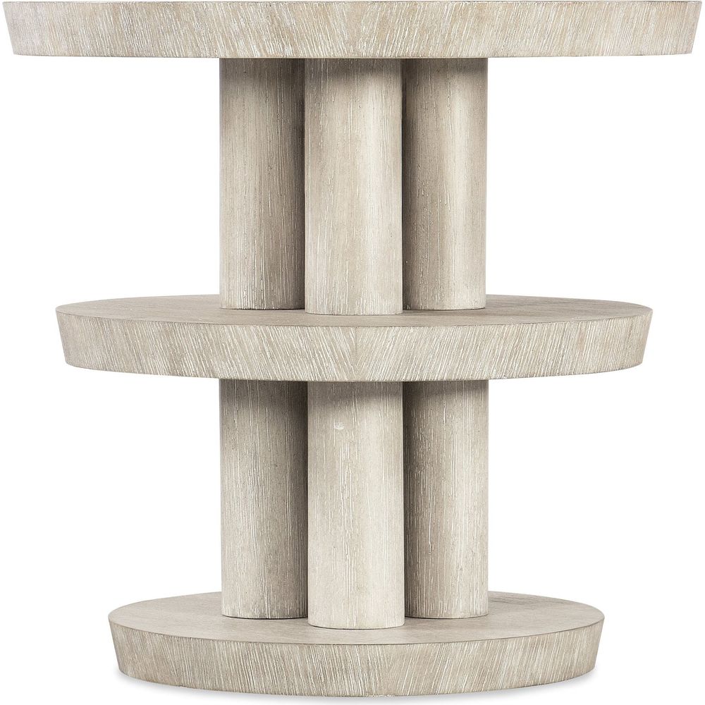 Modern Mood Round Side Table, shown in light beige and warm gray with wood and three-tier round surfaces.
