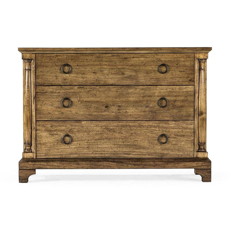 Large Chest of Drawers, shown in medium brown and warm tan with wood, metal, and three full-width drawers.