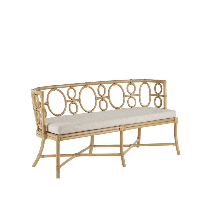 Tegal Natural Bench, Finn Natural, shown in natural tan and ivory with rattan, fabric, and fixed curved arms.