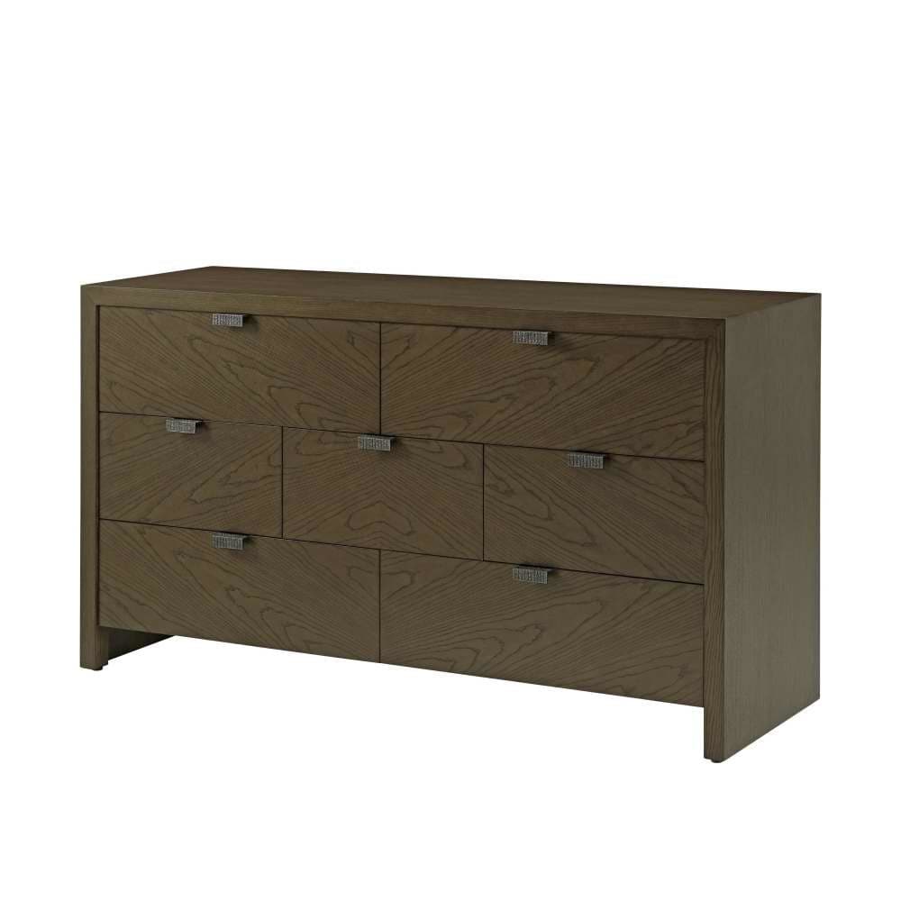 Catalina Dresser, shown in dark brown and light oak beige with wood, metal, and seven-drawer storage configuration.