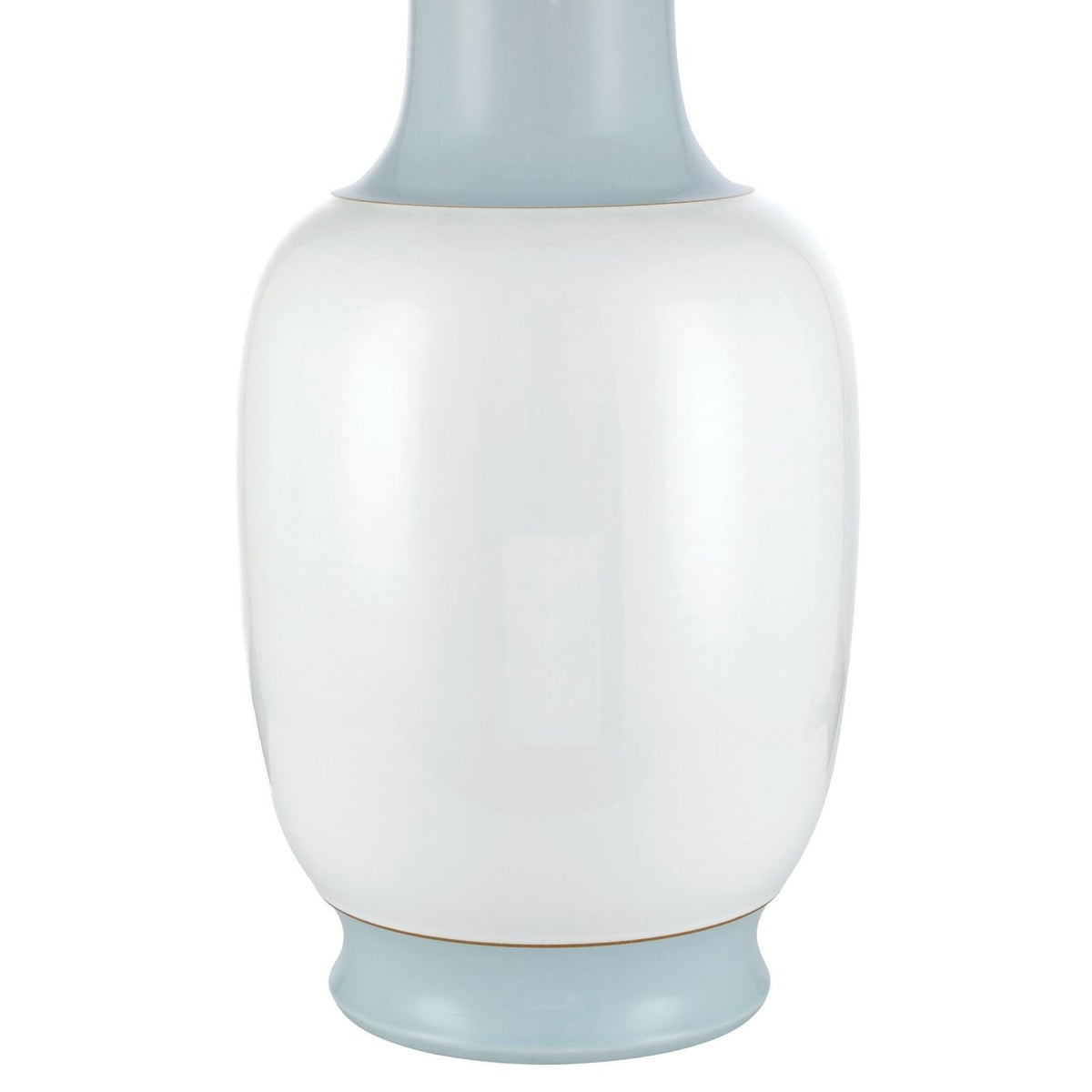Alternate view of Kora Large Blue Table Lamp in white and pale blue with baluster vase base with wide cylindrical drum shade.