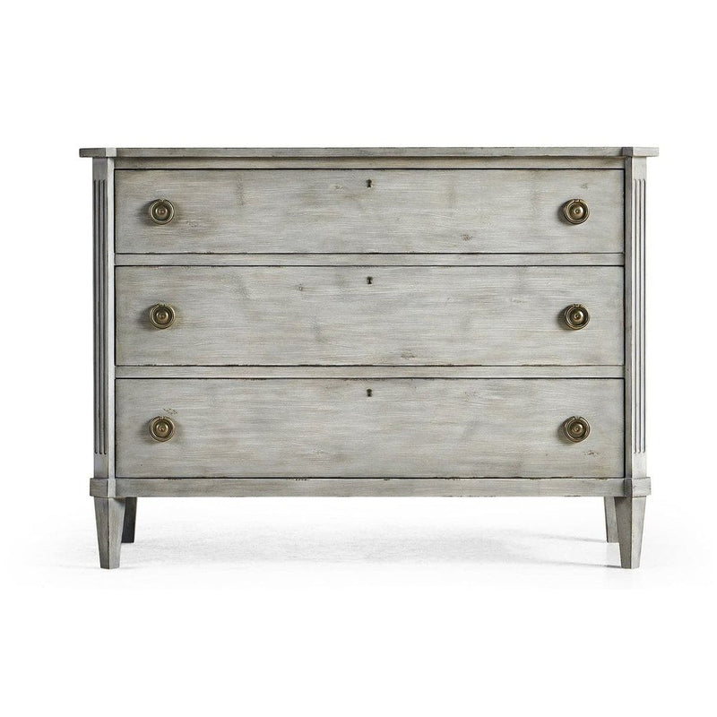 Aeon Swedish Drawer Chest, shown in light gray and weathered gray with wood, metal, and three full-width drawers.