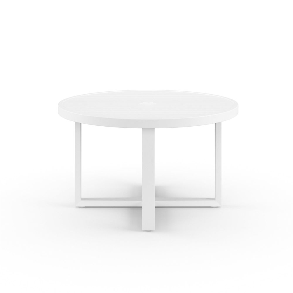 Newport 50" Round Dining Table, shown in white with powder-coated aluminum, metal, and a round dining surface.