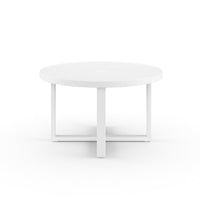 Newport 50" Round Dining Table, shown in white with powder-coated aluminum, metal, and a round dining surface.