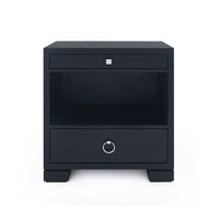 Frances 2-Drawer Side Table, shown in charcoal and black with grasscloth, wood, and two drawers.