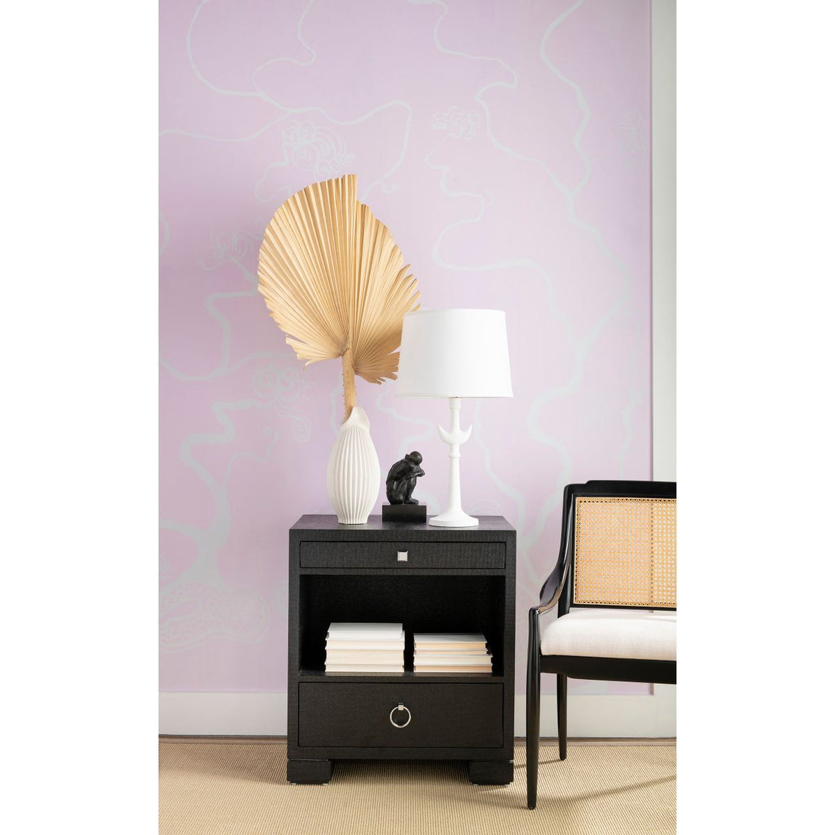 Alternate view of Frances 2-Drawer Side Table, featuring lacquered finish, grasscloth, wood, and two drawers.