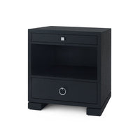 Additional view of Frances 2-Drawer Side Table in charcoal and black, featuring lacquered finish and two drawers.