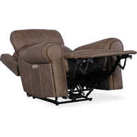 Duncan Power Recliner with Power Headrest & Lumbar, shown in dark brown and taupe brown with leather and metal mechanism.