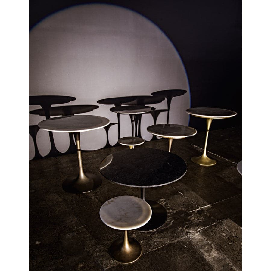 Alternate view of Laredo Bar Table, featuring polished stone finish, marble, metal, and a single pedestal tulip base.