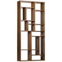 Malic Shelf, shown in walnut brown and medium brown with wood and open asymmetrical cubbies of varying sizes.